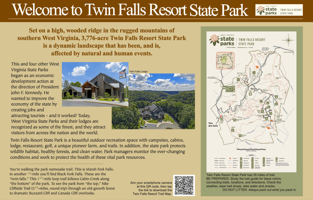 Twin Falls wayside exhibit with theme, introduction to the park, trail map, and QR code to download the trail map.